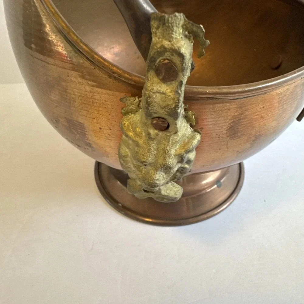Copper Brass Coal Scuttle/Ash Bucket w/Porcelain Cherub Face 8